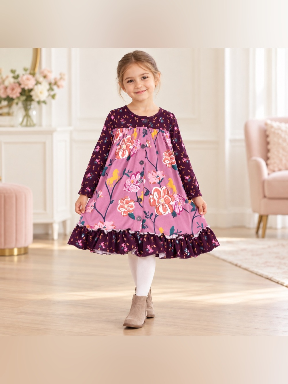 Matilda Jane Girls Size 4 Pink Floral Horse Print Ruffle Dress NWOT